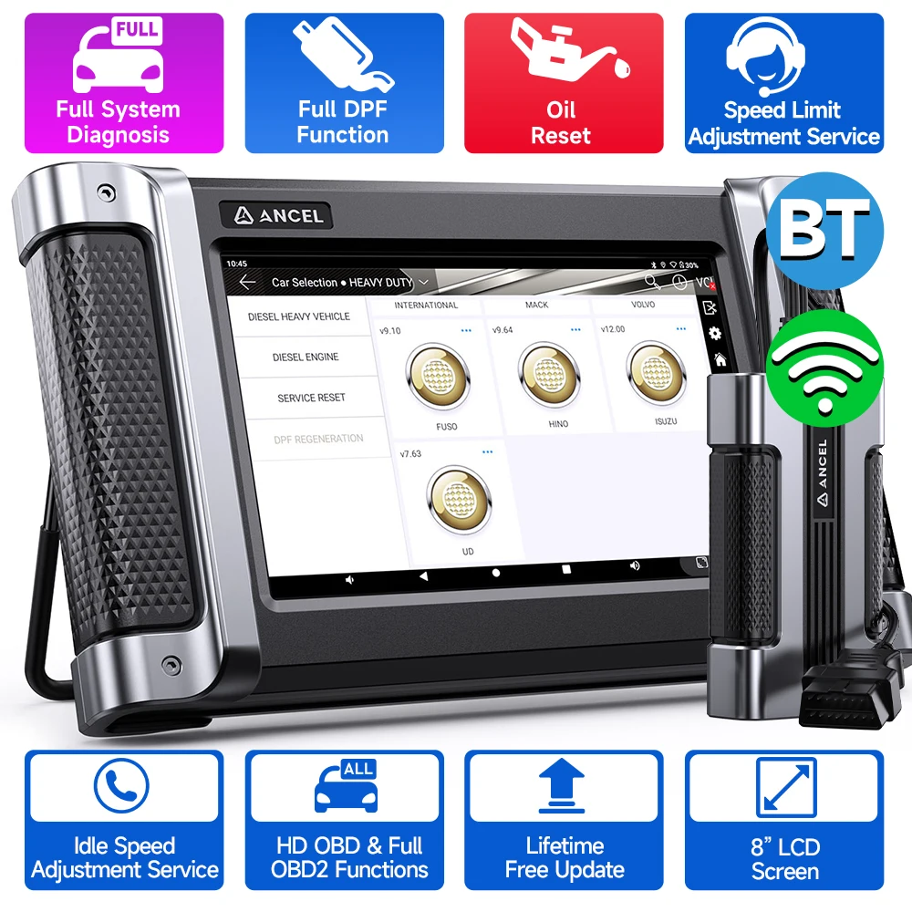 

ANCEL HD8000 DPF Regenaration Сканер тяжелых грузовиков Сброс службы Тест действий Специальные функции Сканер функций калибровки