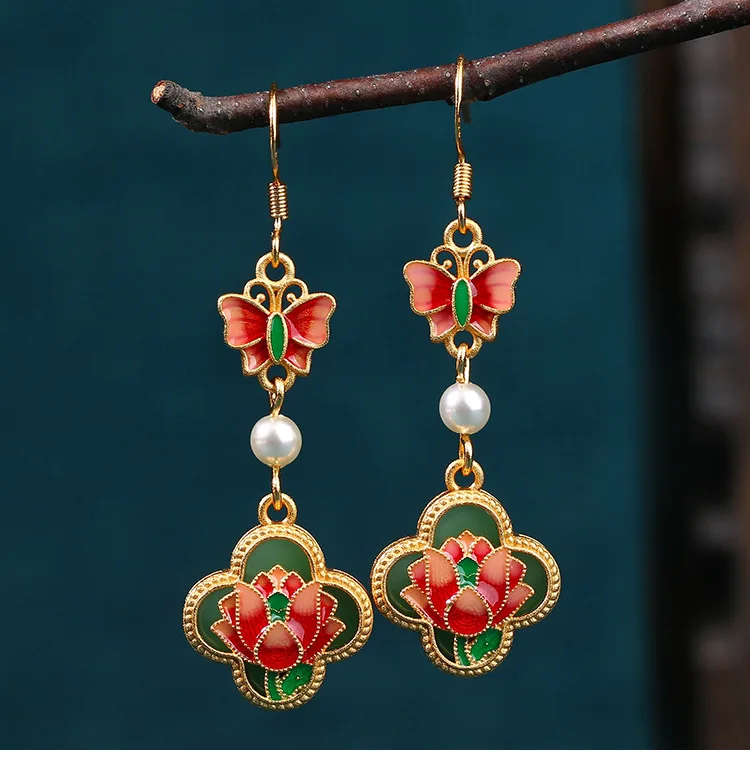 

Green Real Jade Lotus Earrings Talismans 18K Gold Plated Designer Energy Gifts Vintage Natural Jewelry Butterfly Carved