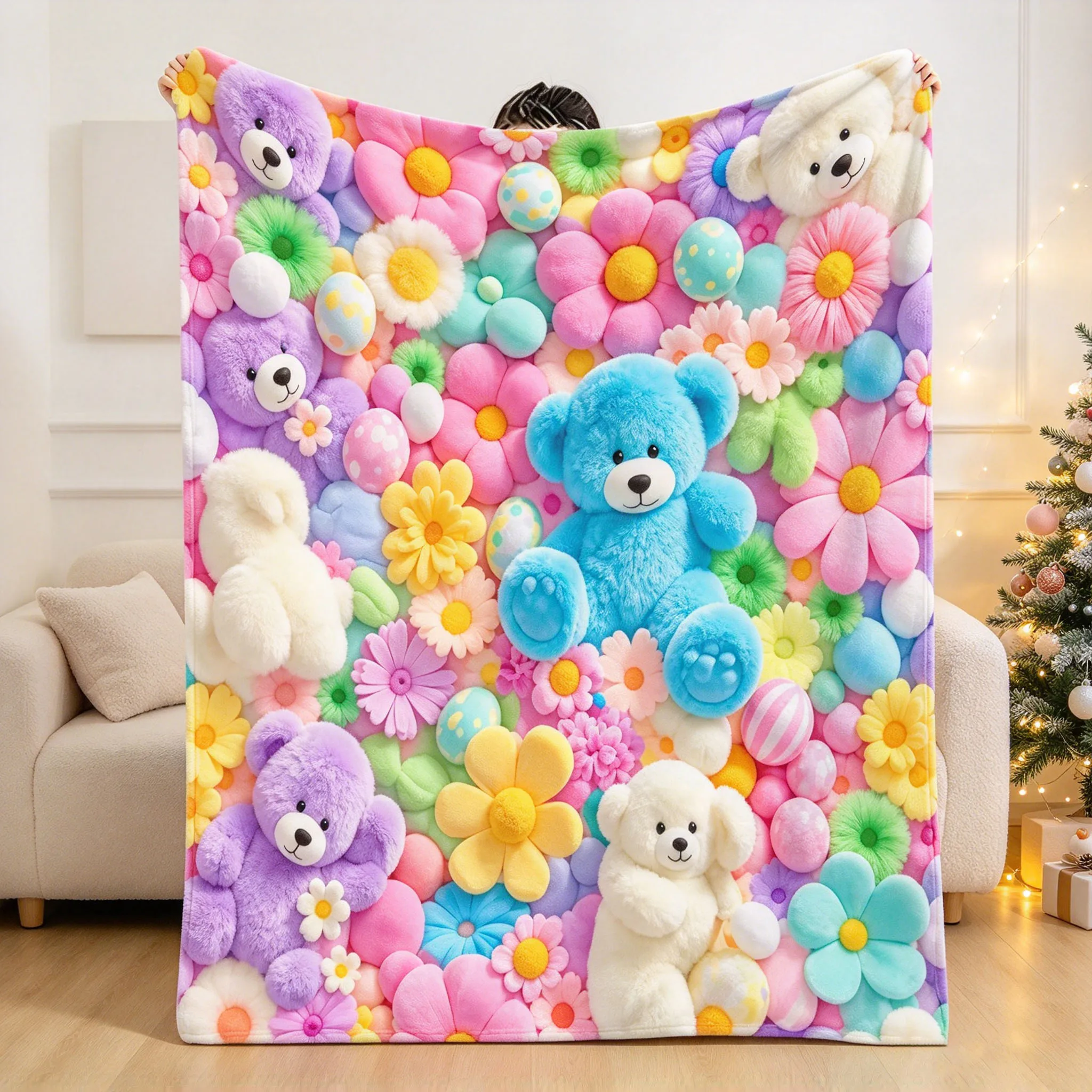 Fluffy Teddy Bear Flower Blanket, Cute Colorful Daisy Plush Throw Blanket, Soft Fuzzy Christmas Blanket for Sofa Bed Girls Kids