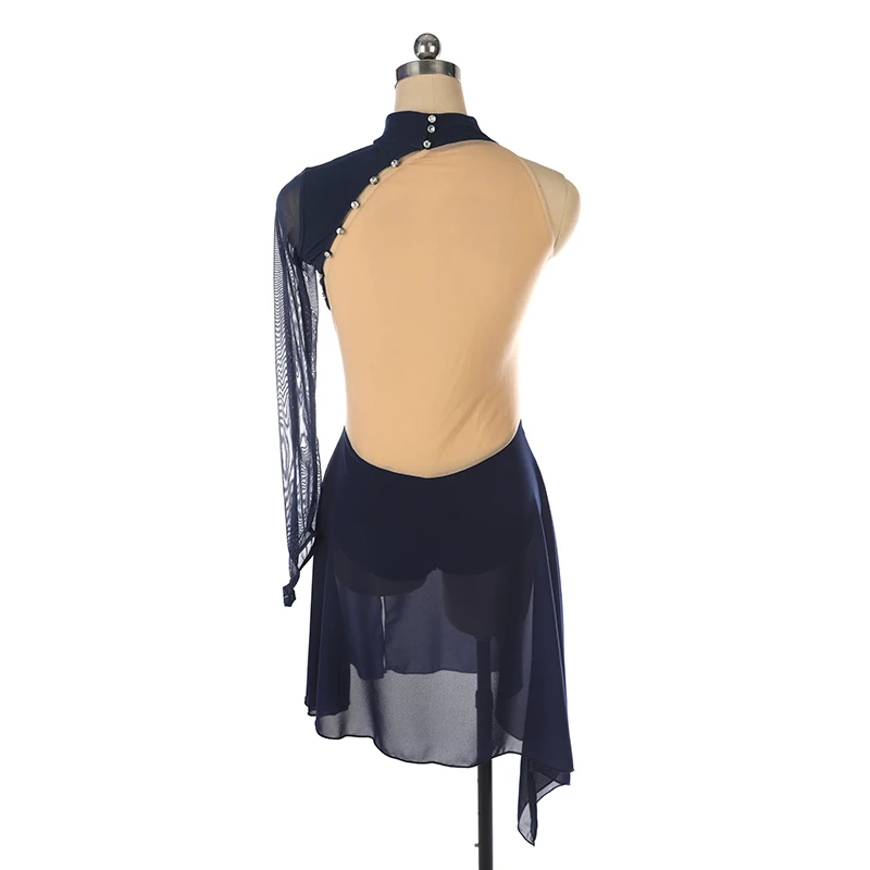 Nasinaya Customized Women's Figure Skating Performance Dress, Hidden Blue Single Sleeve Diamond Free Long Dress