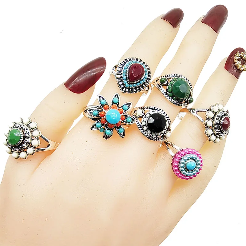 20pcs/Lot Jewelry Factory Wholesale Mix Style Vintage Acrylic Finger Rings for Party Women Big Size Joint Ring Flower Geometric