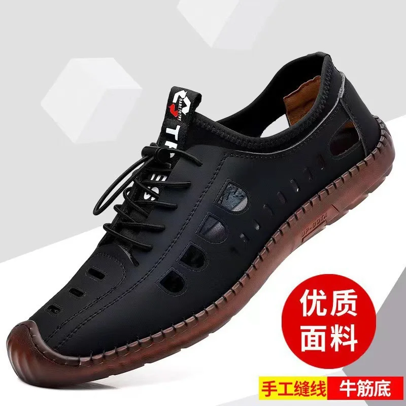 Herren-Sandalen aus weichem Leder, 2024, Sommer-Männer-Ledersandalen, atmungsaktiv, rutschfest, Kuh-Sehensohle, lässige Lederschuhe, Outdoor-Strandschuhe