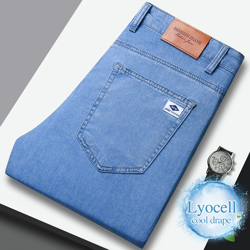 

High Quality Lyocell Jeans Summer Slim Men's Cool Drape Washed Denim Pants Fashion Business Straight Casual Trousers