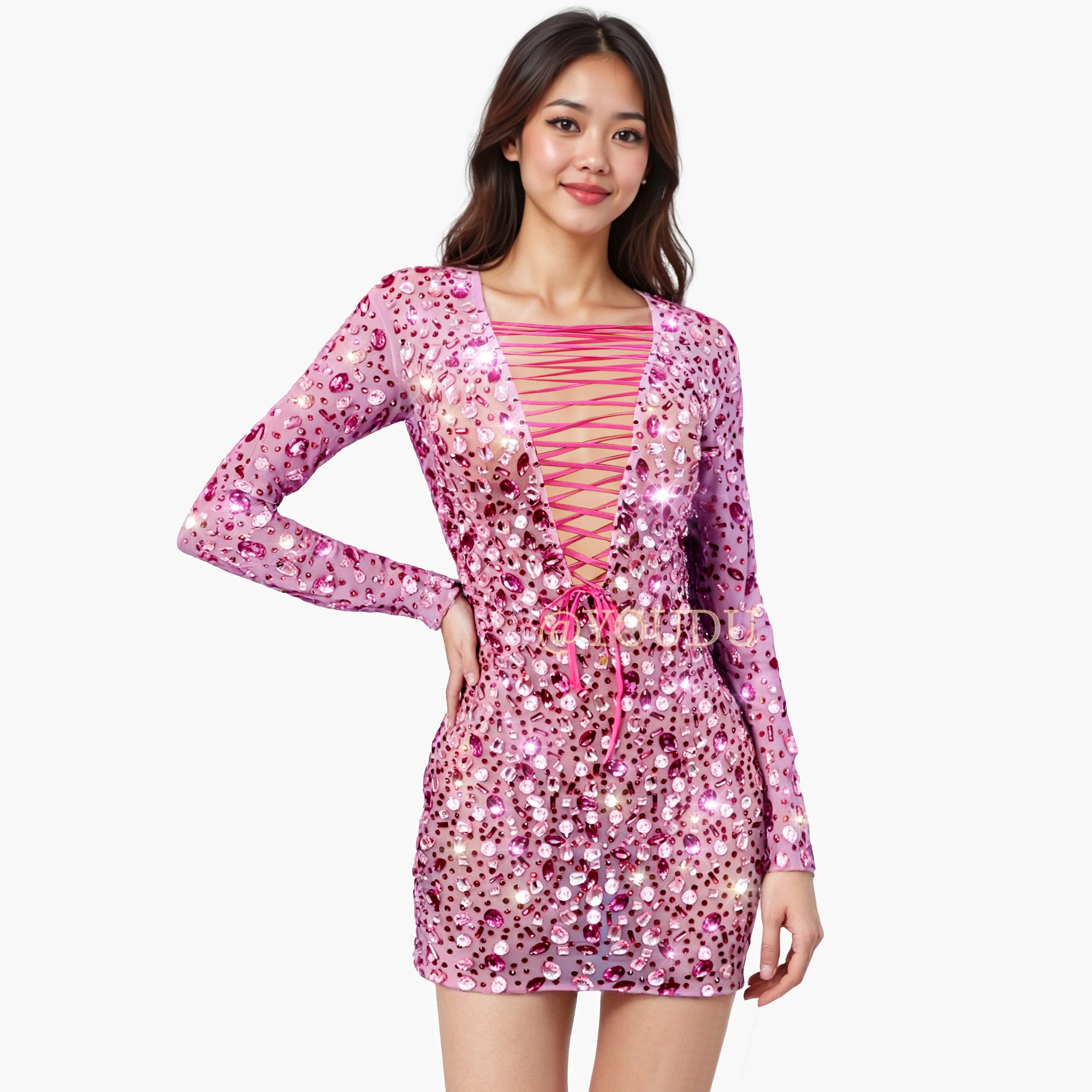 

Honey Pink Twinkling Rhinestones Sexy V-neck Bandage Trim fit Dress Party Show Stage Costume Holiday Journey Outfit Fenhonnvlan