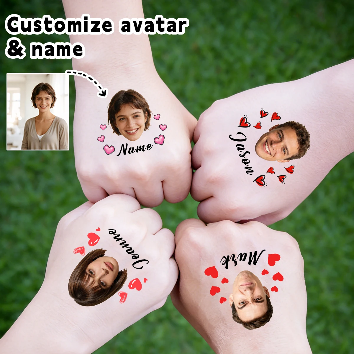 Pegatina de tatuaje temporal personalizada para la cara, tatuaje de corazón con nombre de avatar personalizado para mano, muñeca, estilo decorativo para festivales, fiestas y celebraciones