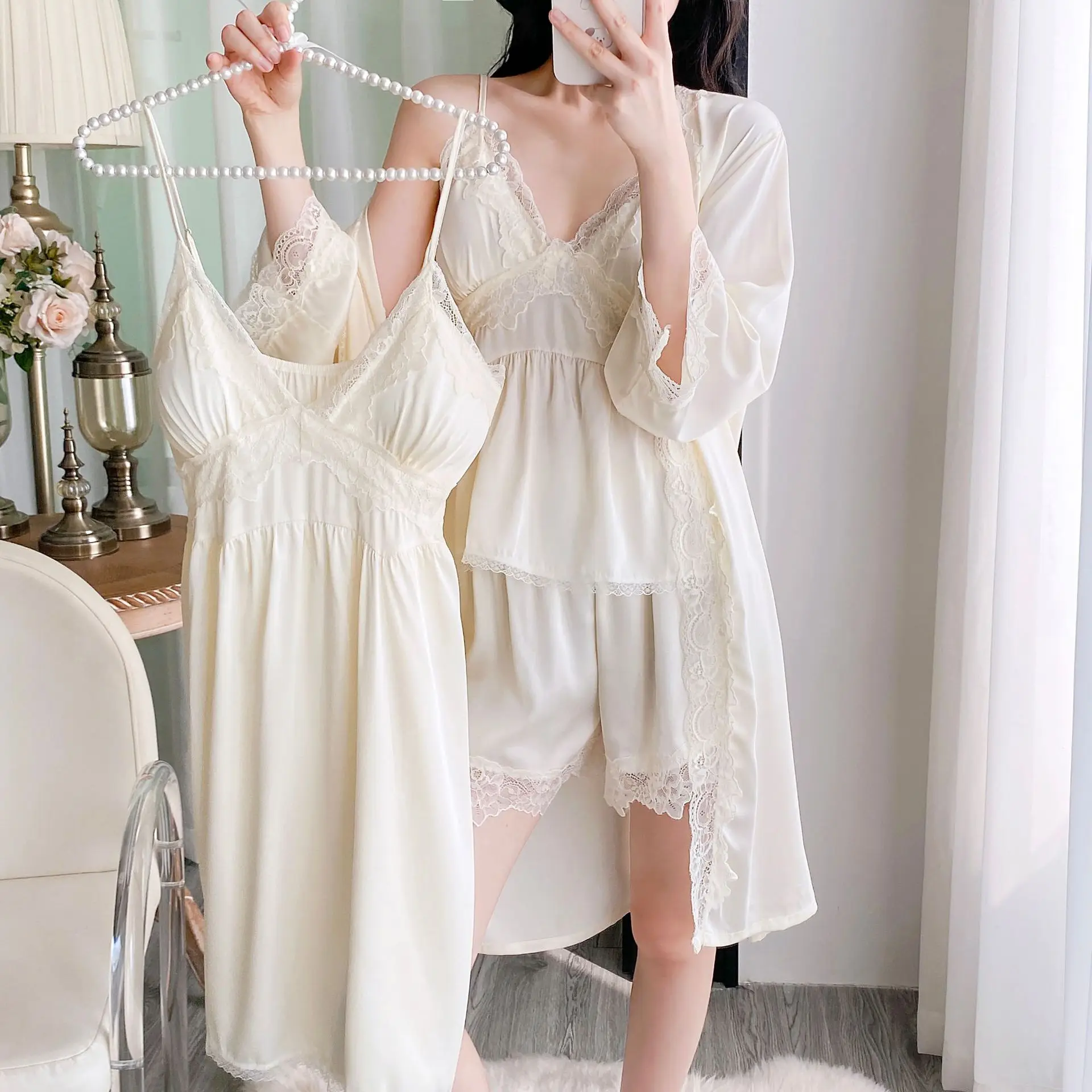 

Female 4PCS Pajamas Set Sexy Lace Trim Sleepwear Bathrobe Summer Satin Nightgown Pijamas Suit Casual Loose Home Wear Lounge Wear