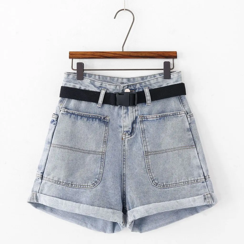 

Summer New Style Women's Light Denim Shorts High Waist Slim Fit with Belt Pocket
