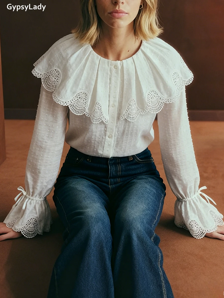 ヴィンテージフレンチスタイル白ブラウスシャツ女性花柄刺繍レースネクタイベルスリーブ綿ボタン付きカジュアルレディースシャツトップス