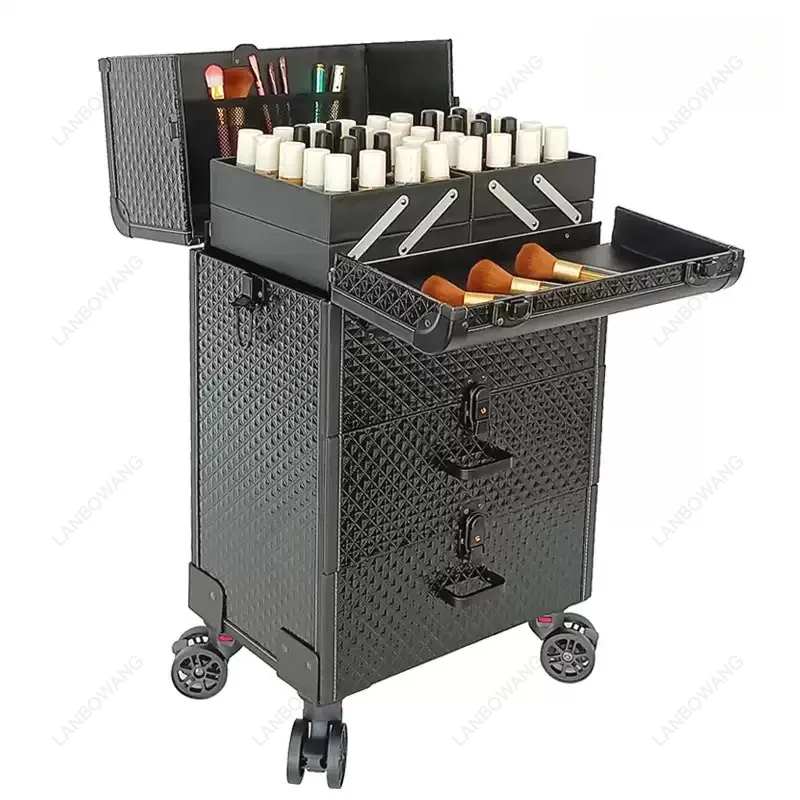 Large Multi‑Layer Lockable Trolley Cosmetic Case Portable Storage Box For Makeup Artist Nail Art Embroidery Professional Tools
