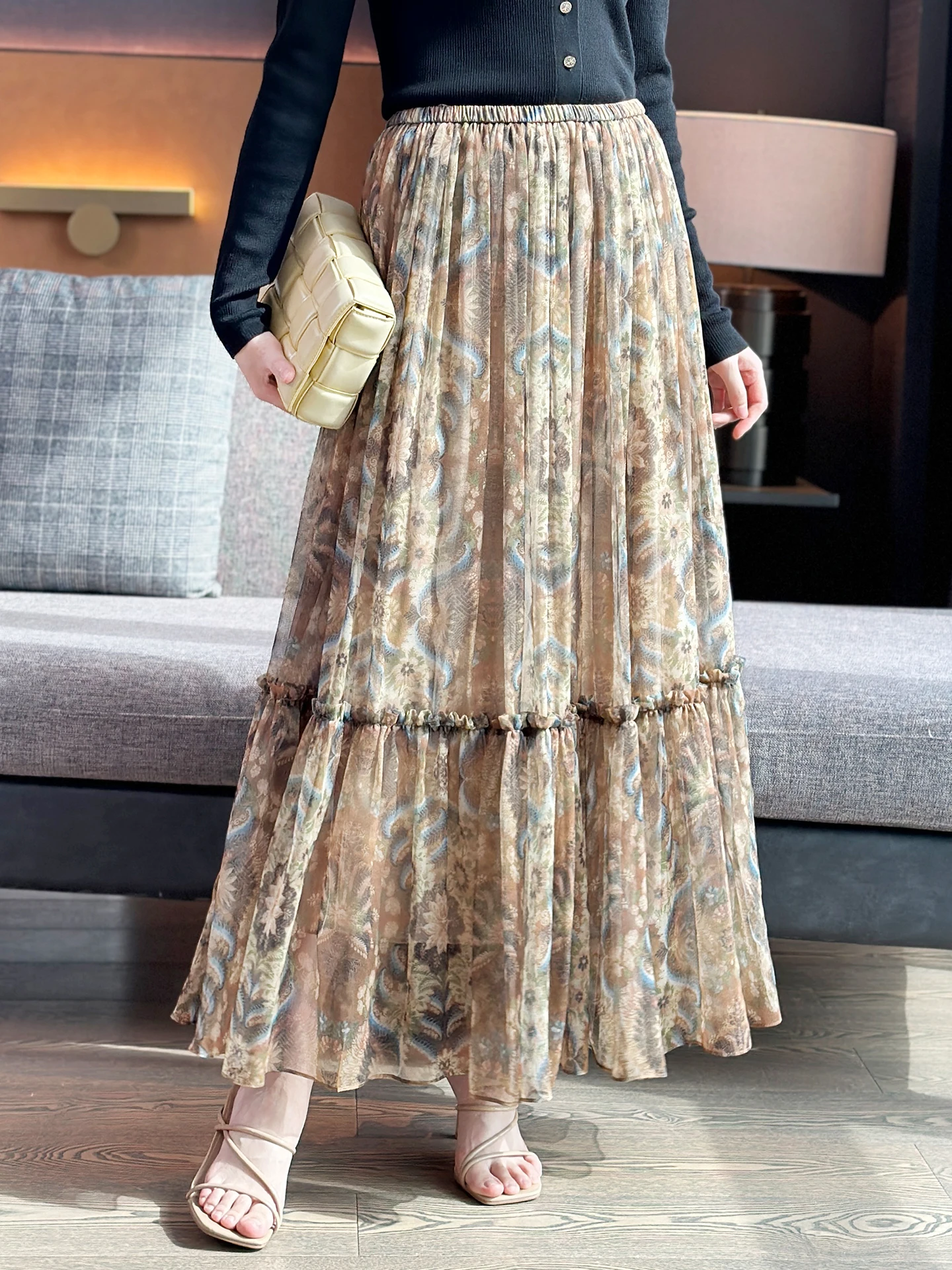 

Zuozhujia Holiday Romance Palm Leaf Print Silk Half Skirt Elastic Waist Draped A-Line Skirt Breathable Skin-Friendly Daily Wear