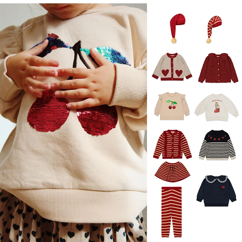 

AW23 KS Kids Christmas New Year Knitted Cardigan Boys Pullover Girls Lace Fleece Sweater Skirt Parent-Child Wear Santa Hat