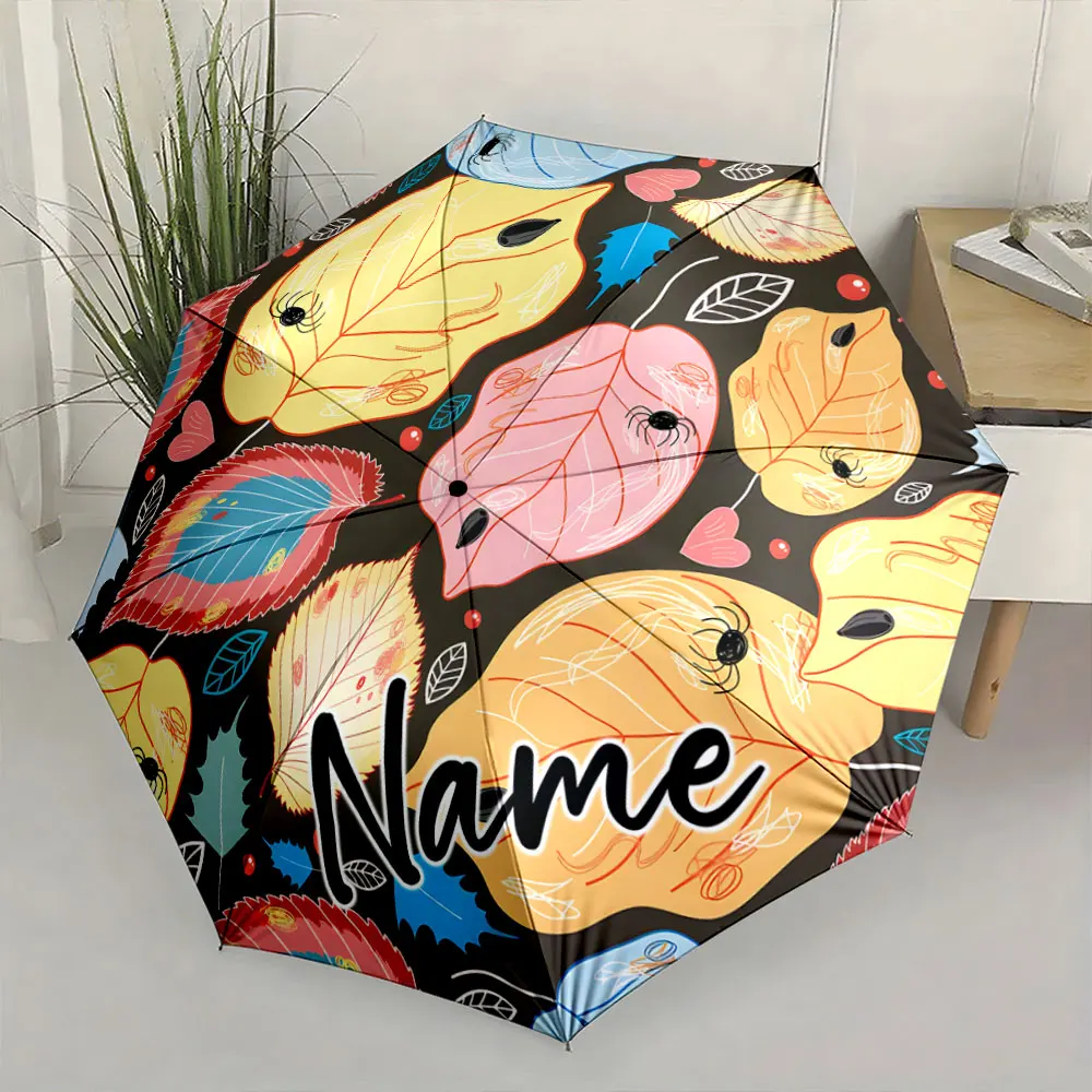 Custom Name Colorful Leaf Pattern Umbrella with Unique Design Print 8 Iron Ribs Folding Umbrella Auto-Open Fashion Sunshade