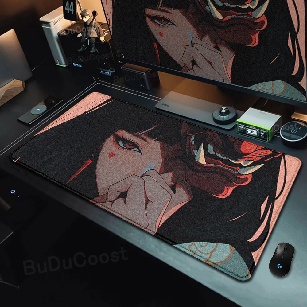 Large Natural Rubber Mouse Pad Gamer Anime Oni Mask Girl Game Keyboard Desk Mat 40x90cm Antislip Computer Desktop Protective Rug