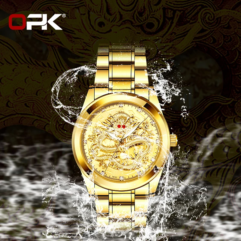 OPK 8111 Mens Watch Golden luxury Top Brand Quartz Watch Chinese dragon Stainless steel Waterproof Luminous Watches For Men