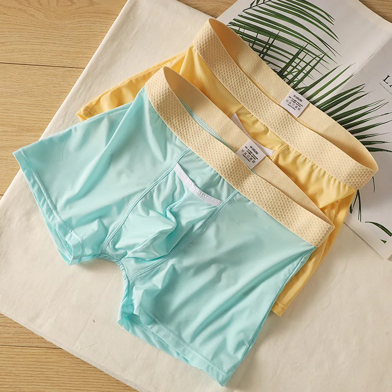 الحرير الجليد رقيقة جدا الرجال الملابس الداخلية واسعة حزام تنفس مثير سراويل بوكسر منفصلة القضيب الحقيبة التجفيف السريع الرجال سراويل