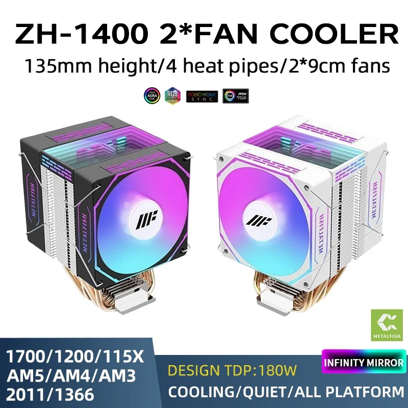 METALFISH ZH1400 Dual Fan CPU Cooler PC หม้อน้ํา 4PIN PWM ARGB พัดลมเงียบสําหรับ Intel 1700 1200 115X 1366 2011 AMD AM5 AM4 X99 X79