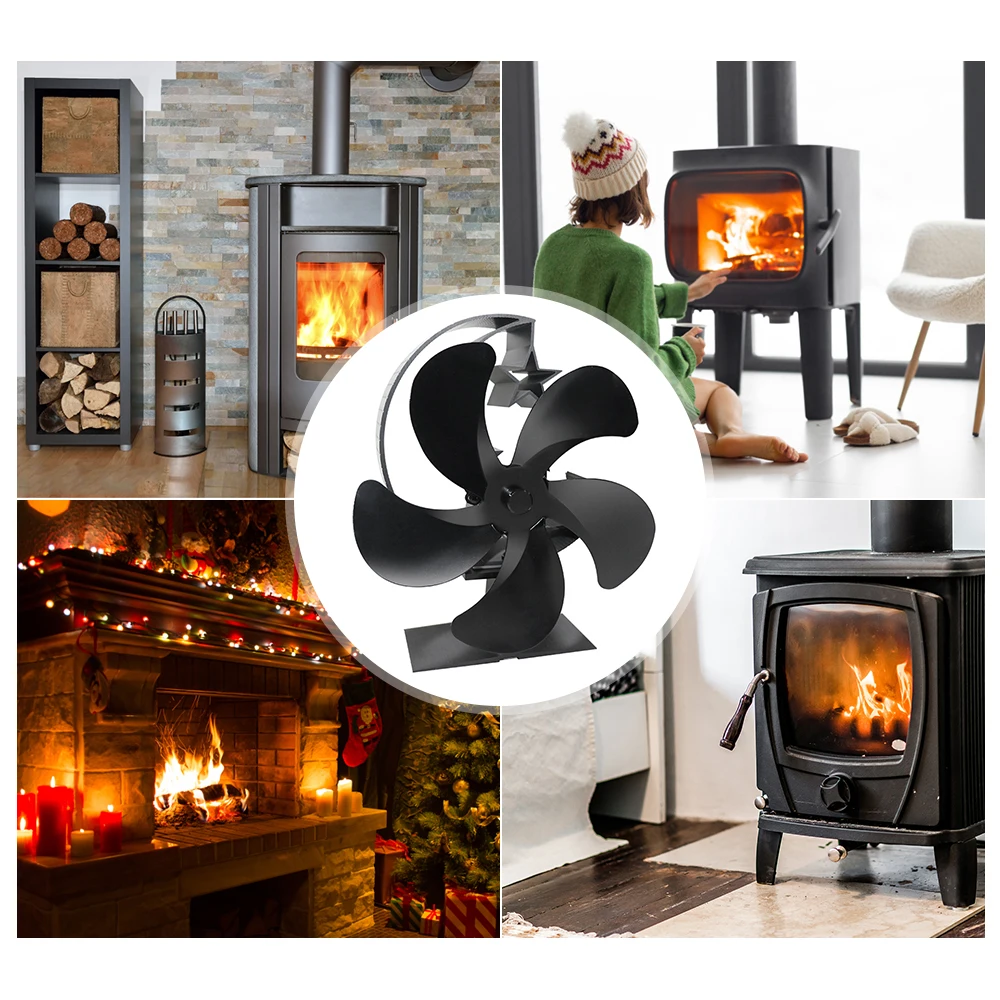 5 Blades Heat Powered Stove Fan Black Fireplace Log Wood Burner Eco Friendly Quiet Fan Home Efficient Heat Distribution