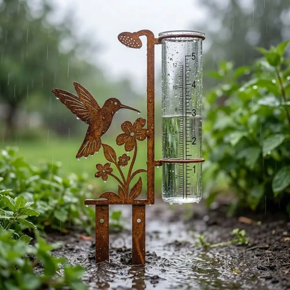Vintage Flower Bird Metal Rain Gauge Stake Large Capacity Removable Yard Rainfall Monitor Weather Resistant Clear Read Numbers