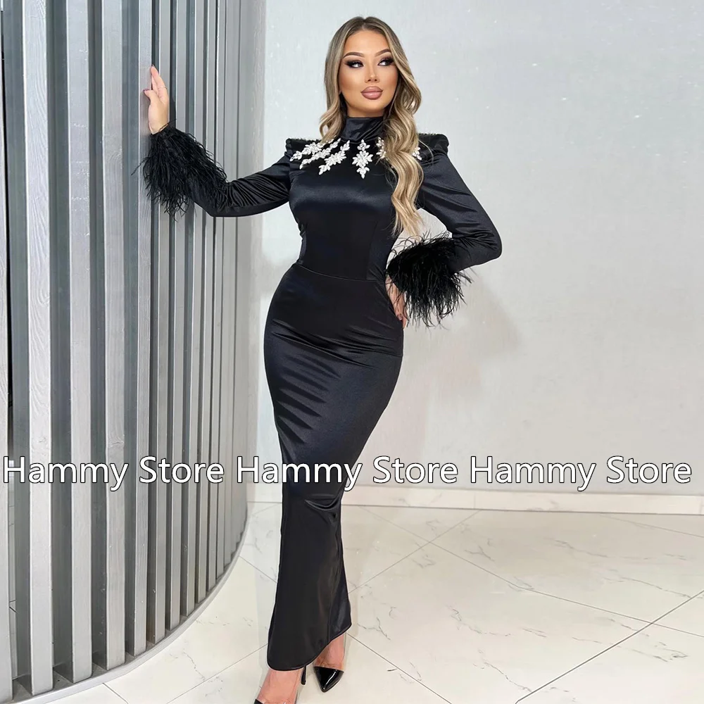 

Fashion Black Evening Dress Feathers Long Sleeves High Neck Crystals Ankle Length Mermaid Party Gown Formal Prom Dresses