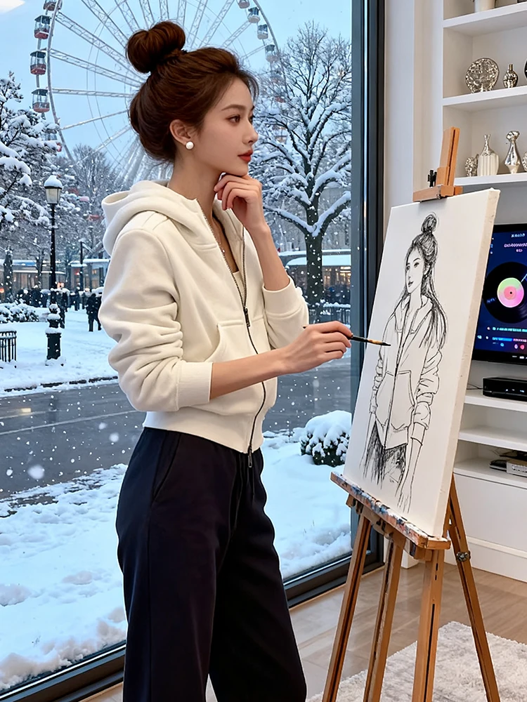 Women's Fce Lined Thiened Hoodie Double Sided Velvet Warm Faionable Outerwear Zipper Sle Long Sve Korean Sle