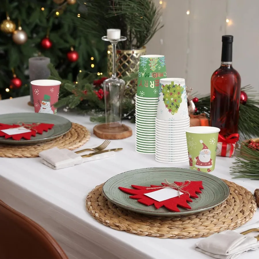 Disposable Paper Cups 9oz 100 Pack Set with Cartoon Santa Claus and Snowman Design Thickened Paper Material for Hot and Cold Be