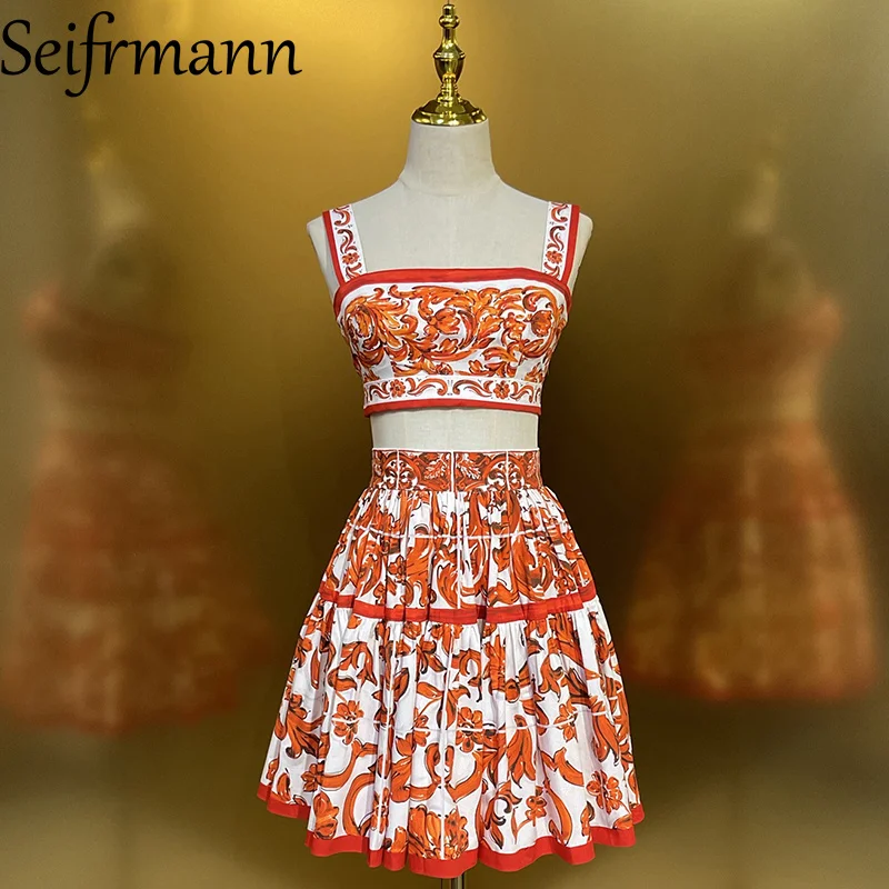 Seifrmann 2026 Sommermode für Damen, zweiteiliges, lässiges, bedrucktes, ärmelloses Baumwoll-Top mit quadratischem Ausschnitt + Halbrock-Set