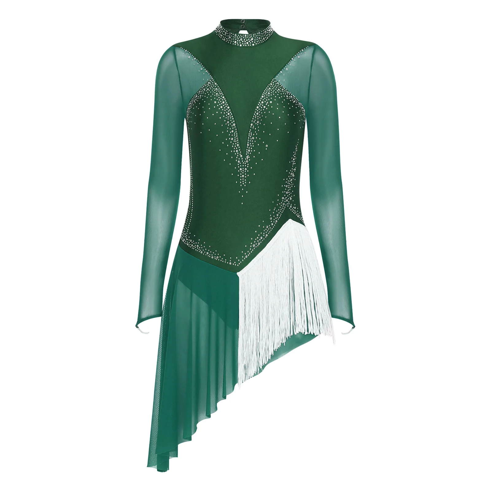 

Womens Rhinestone Figure Skating Dance Costume Long Sleeve Backless Irregular Hem Dress Lyrical Gymnastics Latin Dancewear