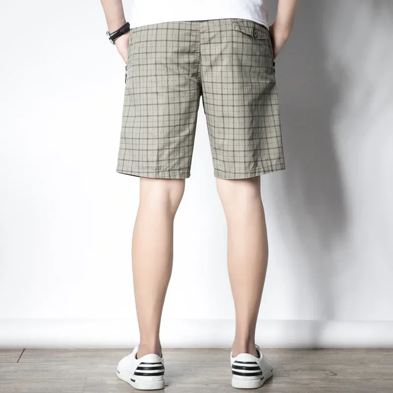 Men's Zipper Casual Five Quarter Pants Plaid Sports Casual Pants Plaid Five Quarter Pure Cotton Washed Five Quarter Pants