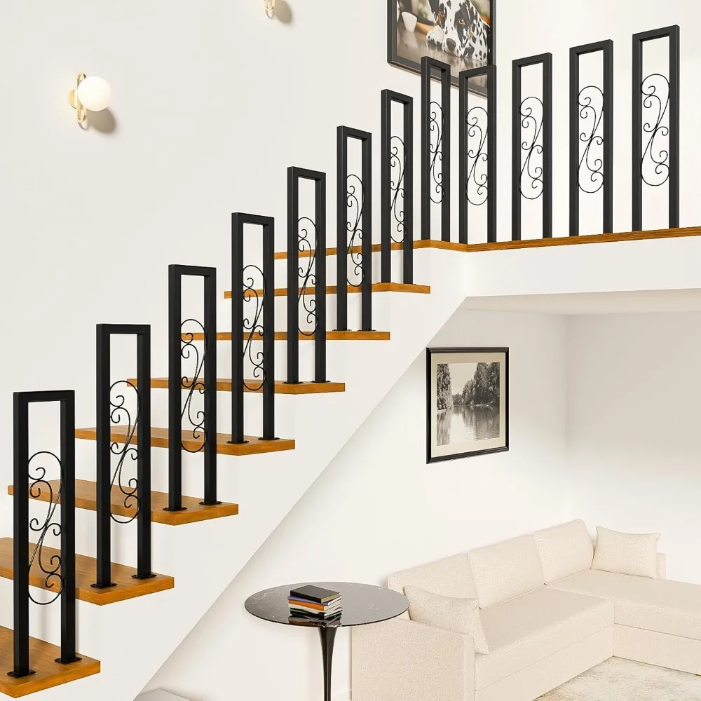 درابزين حديث من الحديد المطاوع باللون الأسود غير اللامع على شكل حرف U للسلالم الداخلية والخطوات الخارجية مع تصميم S Scroll #2