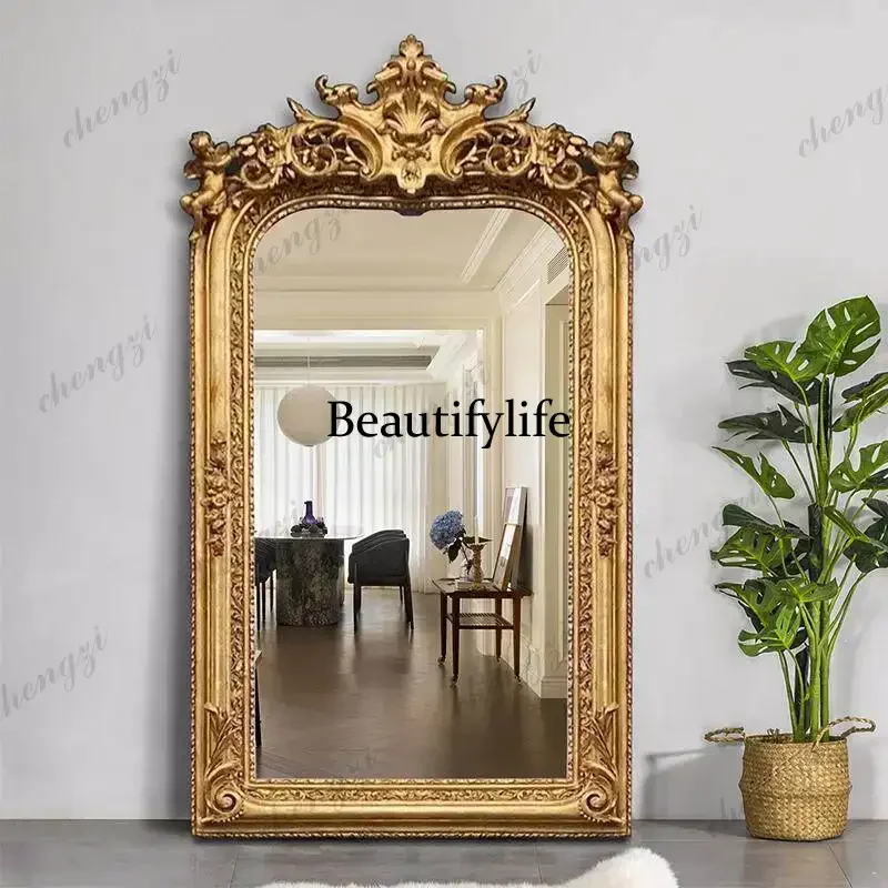 Y136 European-style carved full body designer dressing decorative mirror wall hanging floor mirror large mirror retro villa