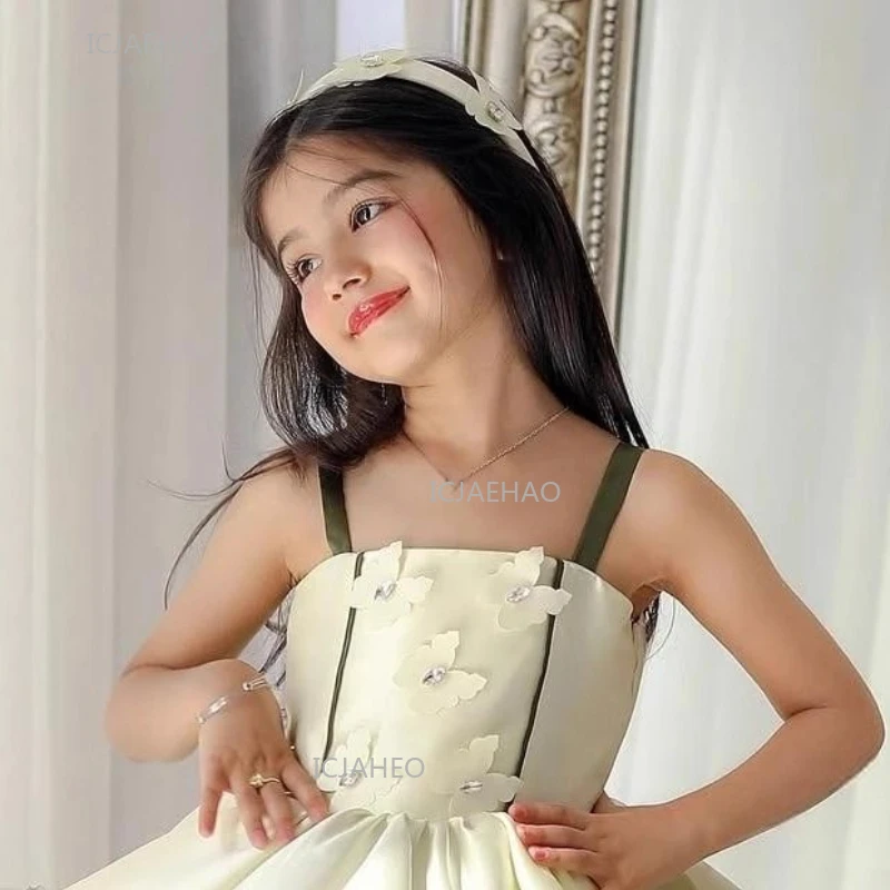 Girls Spaghetti Strap Princess Party Dress Children Pageant Fashion Formal Evening Dresses Tulle Puffy Gown for Model Show Host