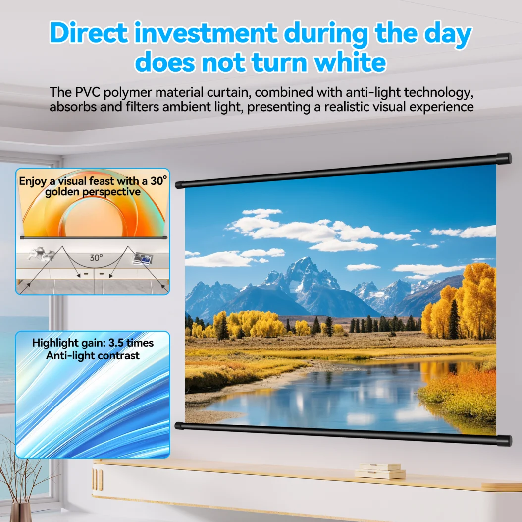 شاشة عرض XIAOHUI مقاس 60 بوصة 16:9، مثبتة على الحائط خالية من الفتحات، منزلية مضادة للوهج