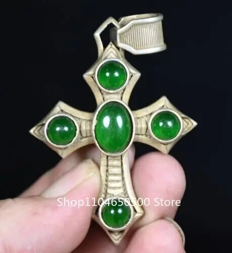 

6.5CM Rare Old Chinese Miao Silver inlay Green Gems Cross Amulet Pendant