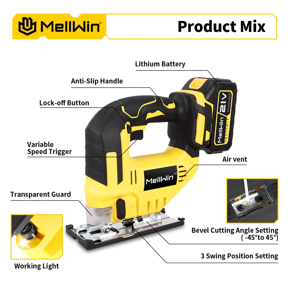 MELLWIN 3500 U/min Elektrische Stichsäge Mit 31 Klinge Drahtlose Kurvensäge Multifunktions-Holzbearbeitungswerkzeug-Set Für Makita 18 V Batterie Pin – Detail 6