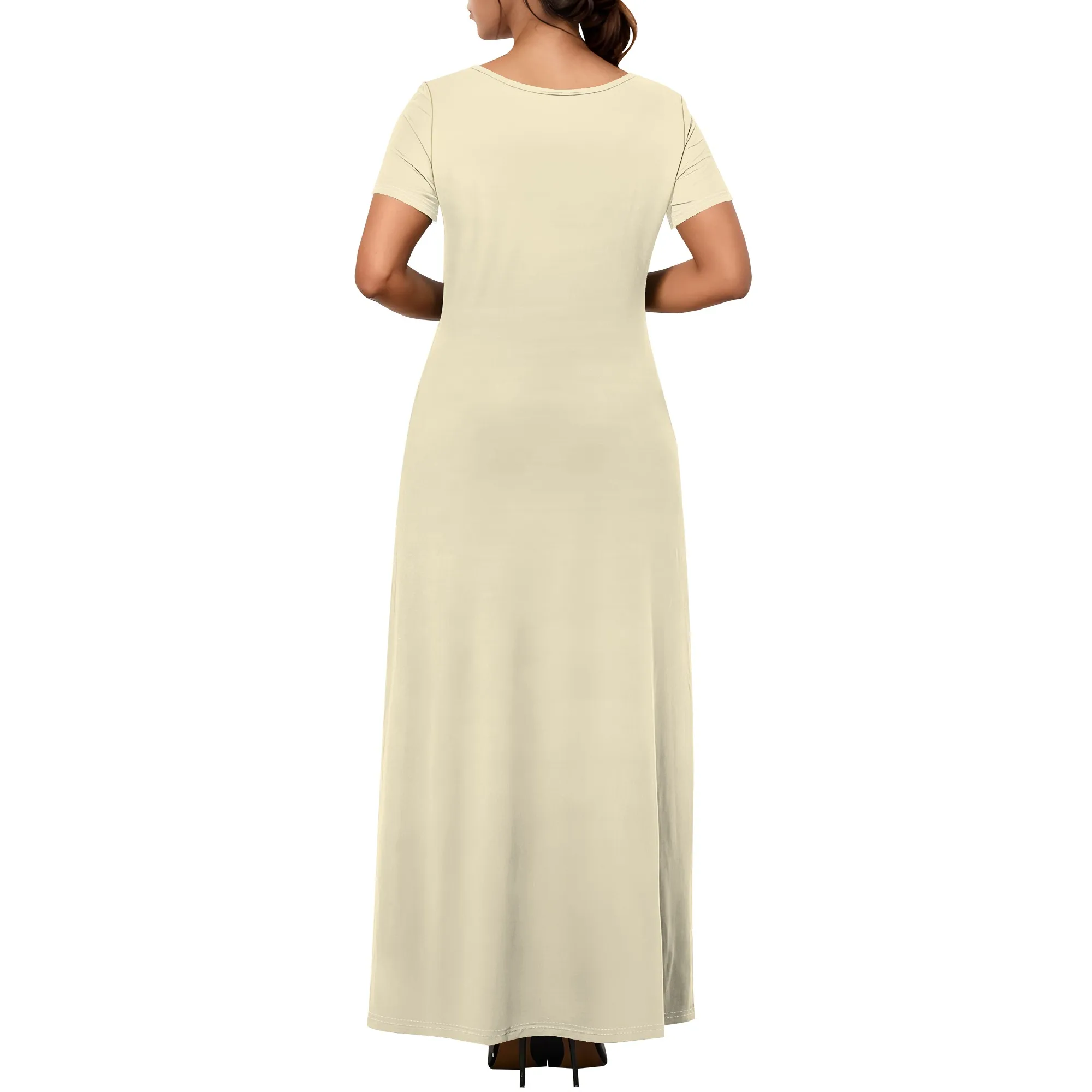 レディースカジュアル半袖セクシーVネック無地Tシャツマキシ丈ワンピース夏ビーチスイングサンドレスポケット付き