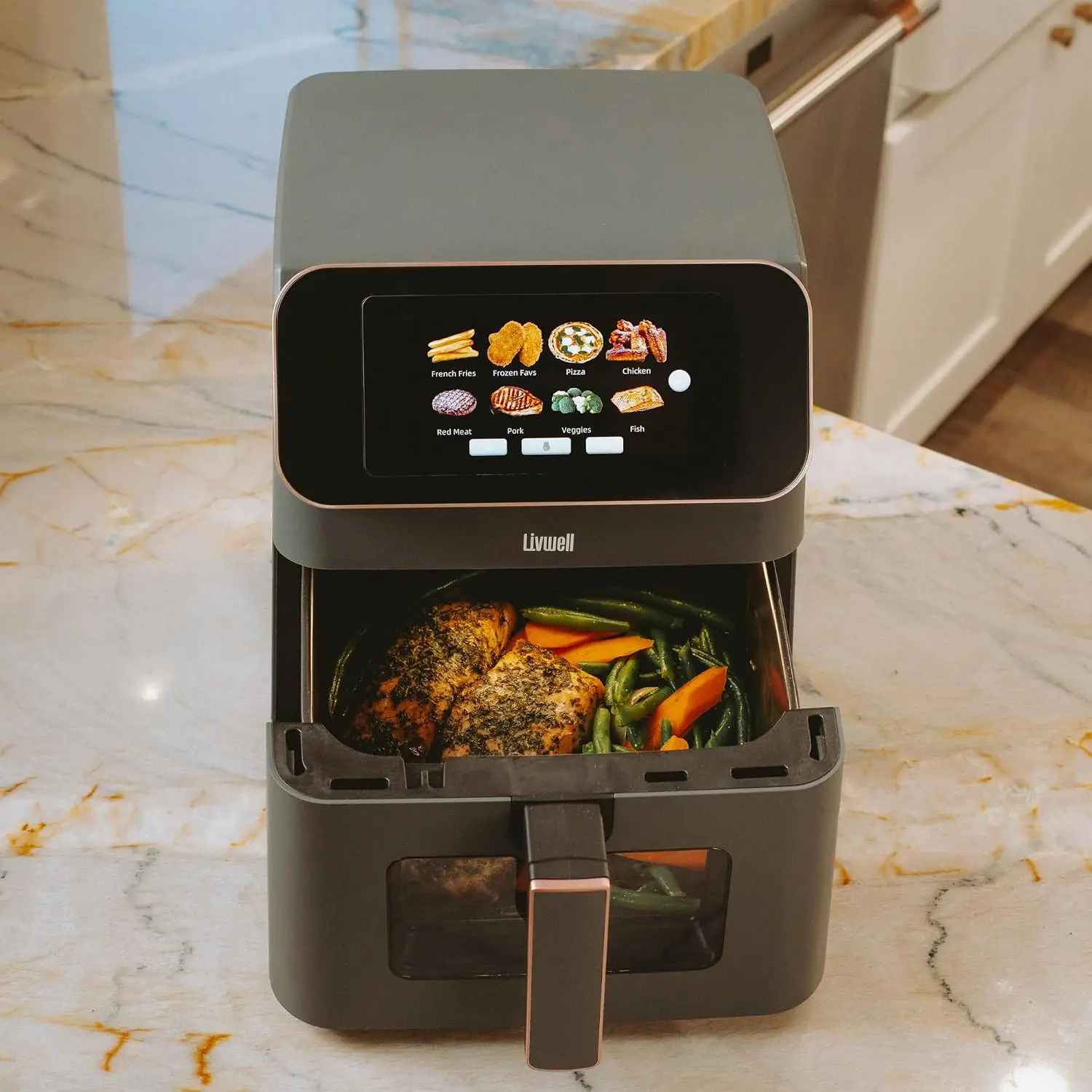 7-Quart Air Fryer with Glass Window Basket and High-Resolution TFT Touchscreen, 200+ Presets, PFOA & PFAS-Free, Matte Grey with