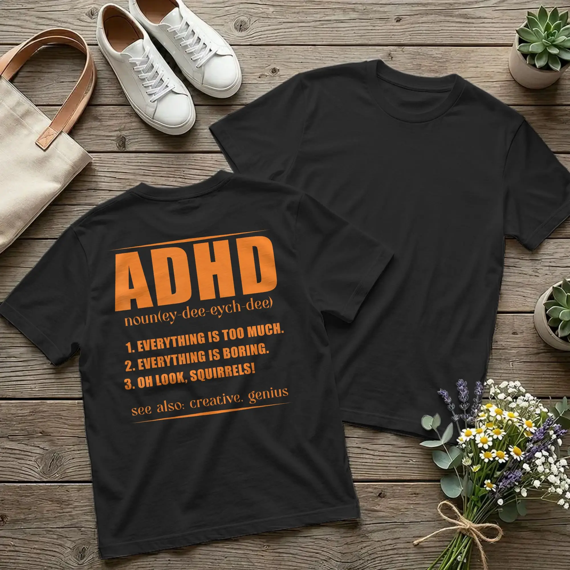 Backprint Men ADHD Definition Awareness Neurodivergent T Shirts Orange merch Funny Short Sleeve Crewneck Tees Printing T-Shirts