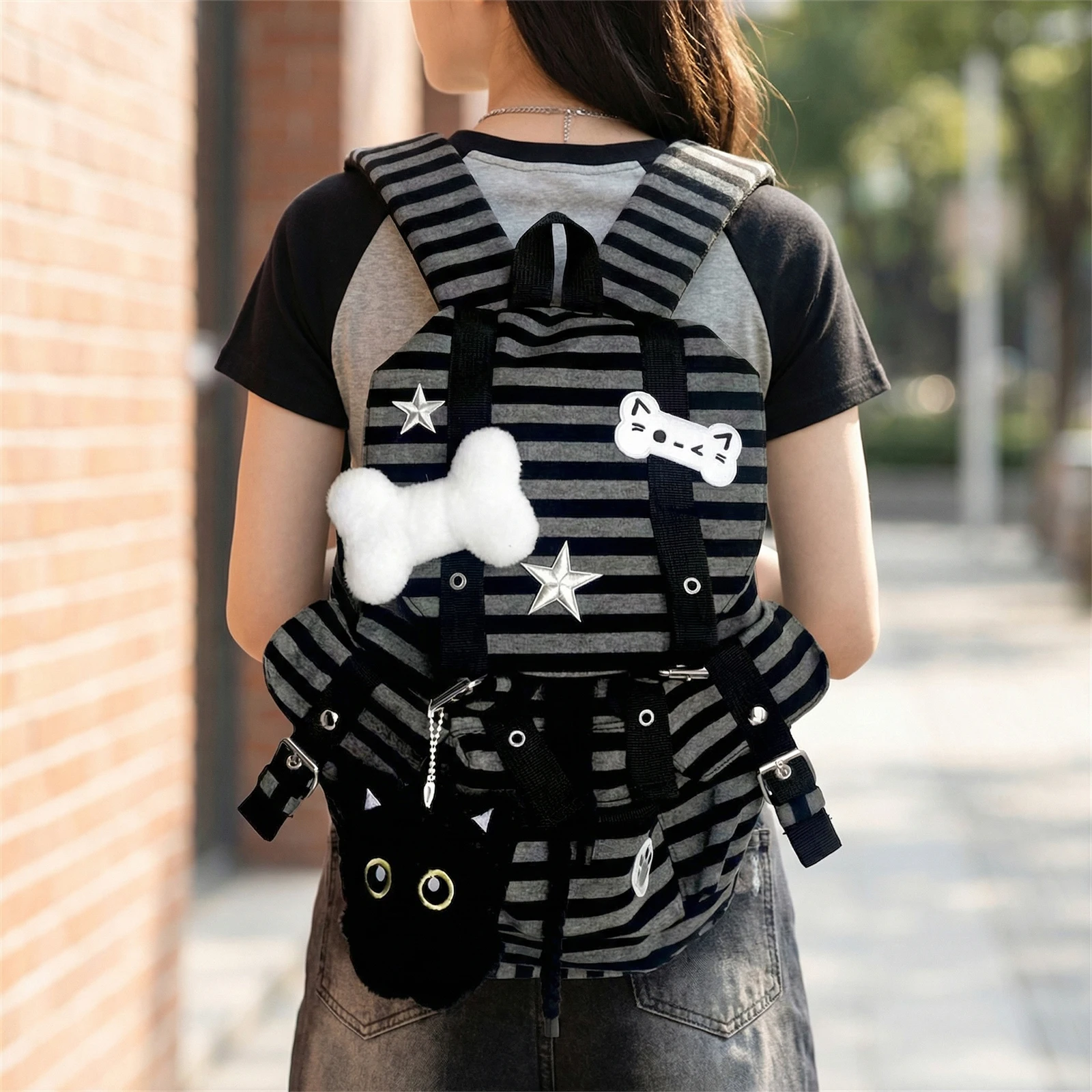 Vintage Striped Backpack Multi-Pocket Y2k Drawstring  Bags Casual Stripe Bookbags Outdoor Travel Commute Backpacks