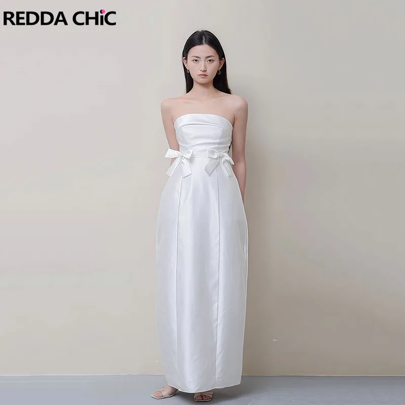 Reddachic feminino bowknot cetim vestido de noite branco brilhante texturizado sem alças espartilho fenda vestido longo formatura roupas formais