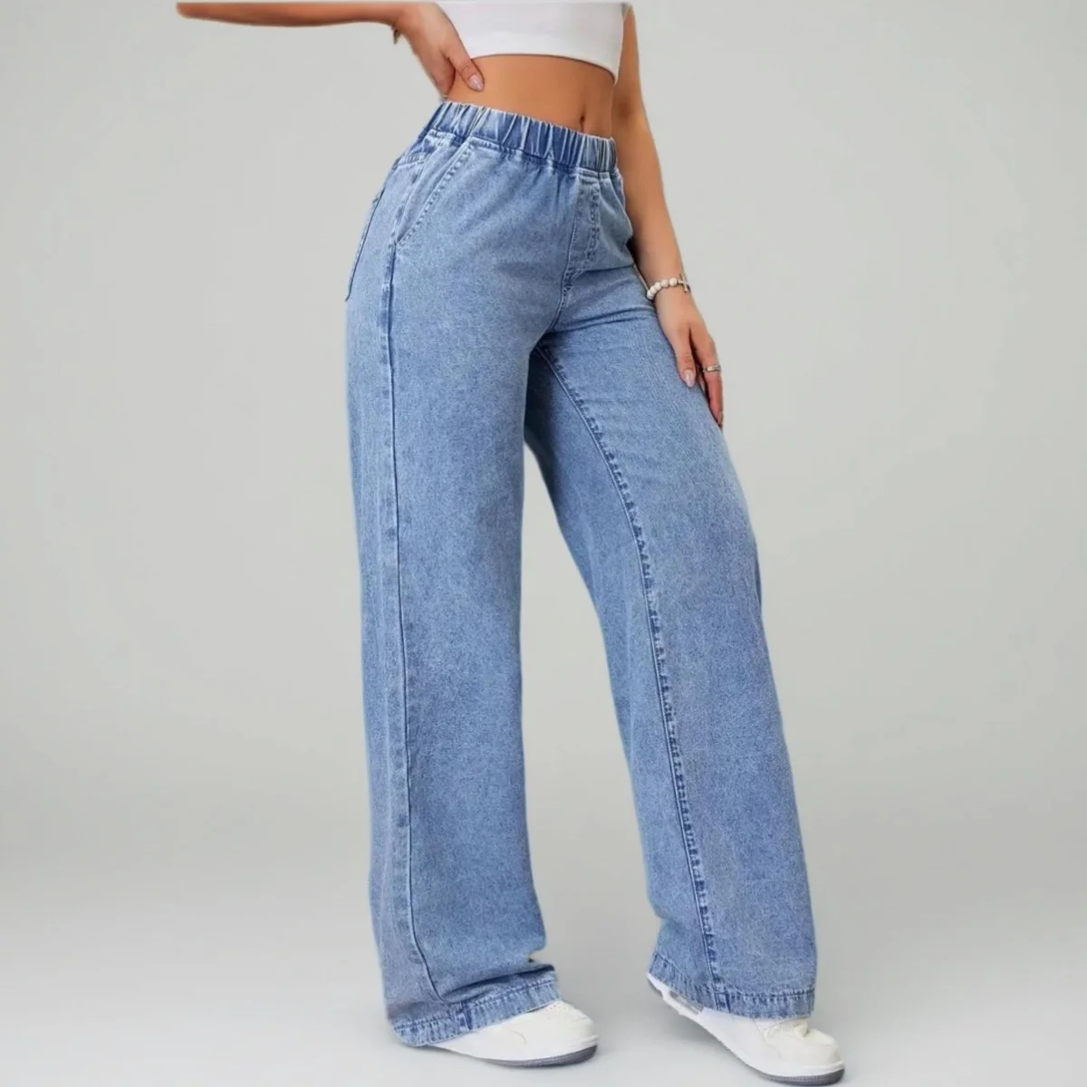 Elastic Waistband Women's Wide Leg Jeans European and American Style Loose Casual Straight Leg Denim Trouser Hot Sale Pants New