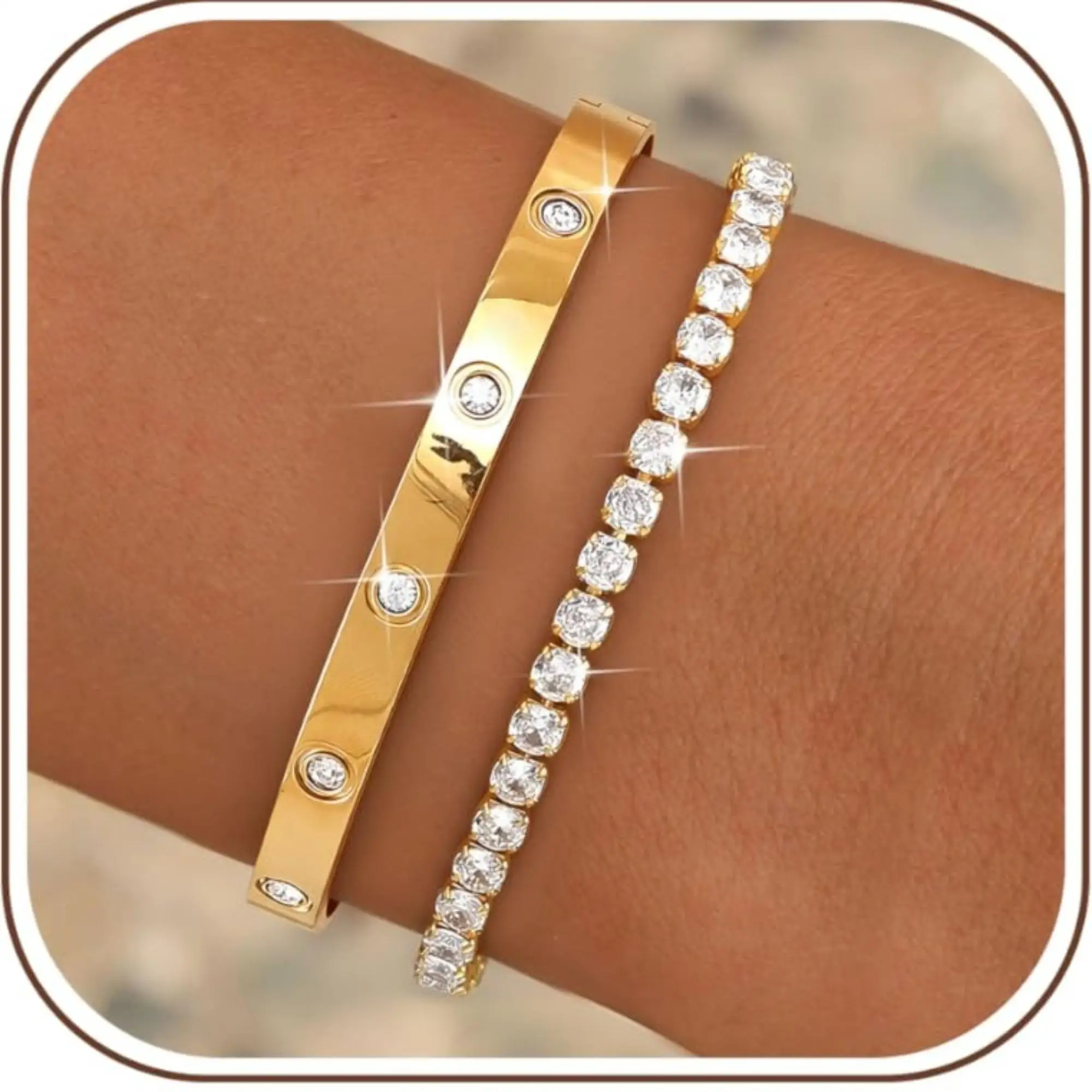 14K Gold Bracelet Set for Women Stainless Steel Dainty Stacking Bangle Tennis Style Bracelet Stack Sparkling CZ Waterproof Bracelet Gift Accessories Gifts for Girlfriend Bracelets for Couples