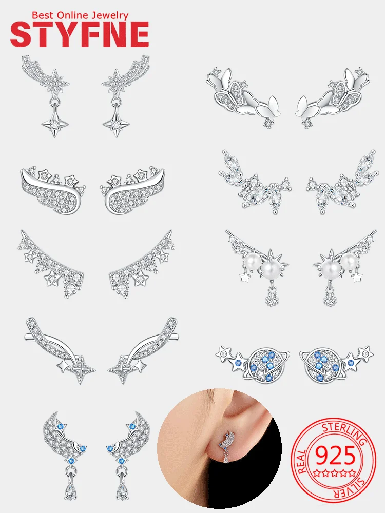 

New Earrings 925 sterling silver Star Butterfly White Zirconia Pearl Exquisite Women's earrings Fashion Jewelry Earrings