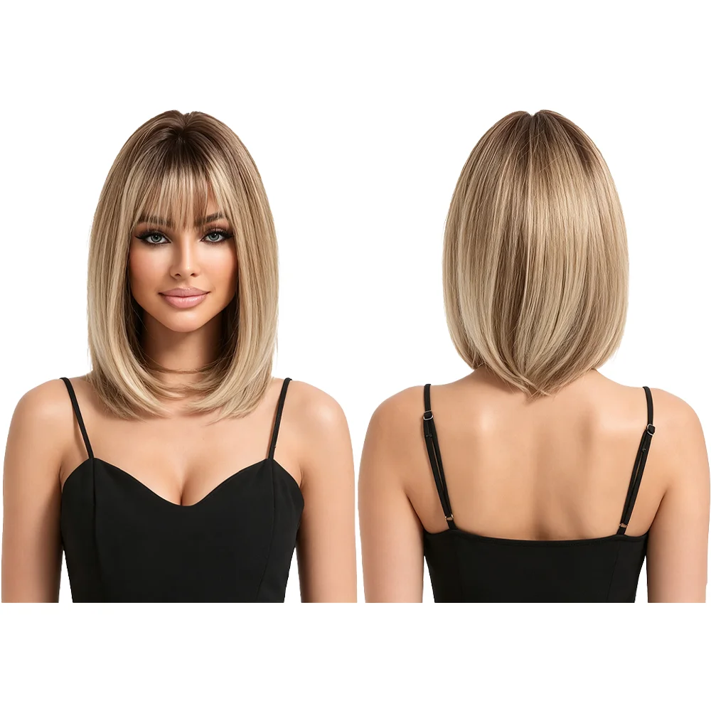 Ombre Blonde Bob Wigs Short Straight with Bangs Dark Roots Balayage Synthetic Heat Resistant Hair For Women Daily Party Cosplay