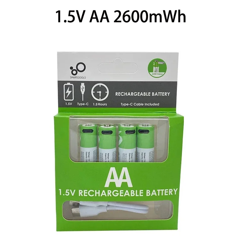 1.5V AA 2600mWh AAA 750mWh Li-ion Battery For Mouse,Clock,Shaver,Hermometer+TYPE-C Cable  AA+AAA Rechargeable Batteries