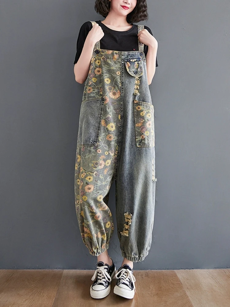 

New Print Floral Denim Overalls For Women Casual Oversized Big Size Jeans Jumpsuit Pocket Hole Wide Leg Rompers Bib Cargo Pants