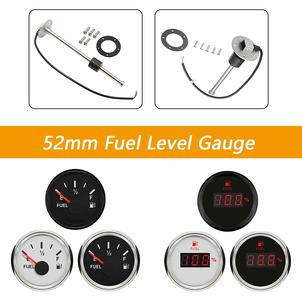 

52mm Fuel Level Gauge Meter 0-190ohm 240-33ohm Signal with Red Backlight for Van Car Ships Yacht Universal Waterproof 12V 24V