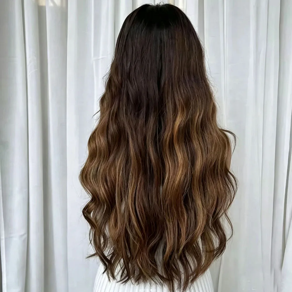 Highlights Blonde Brown 5X5 Full Lace Echthaarperücken für Frauen mit Pony, natürliche Welle, klebefrei, 13x6 Lace Front Echthaarperücke – Detail 3