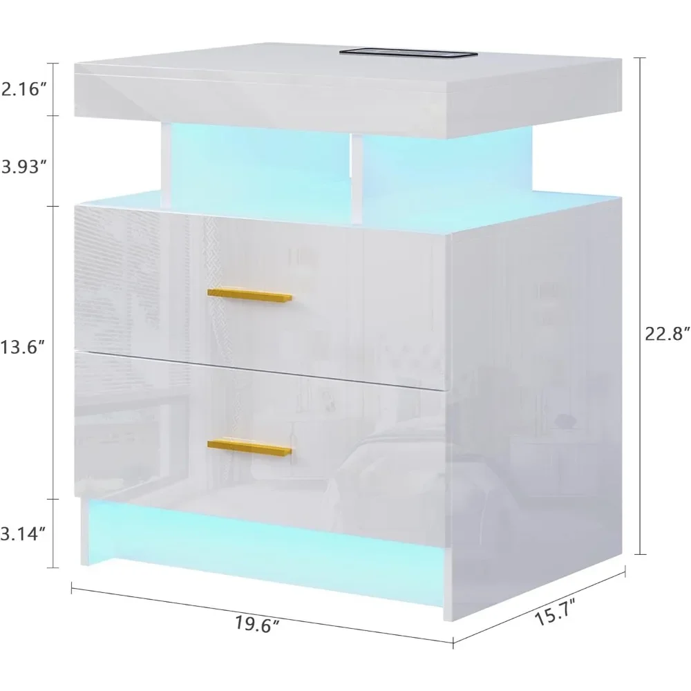 LED nightstands sada z 2, moderní u postele stůl s 2 porty & bezdrátový nabíjení nádraží, vysoký lesklý u postele stolečky s 2 zásuvek