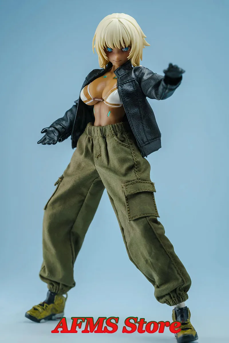 1/12 feminino soldado jaqueta de couro militar verde calças combate anime terno móvel roupas da menina para 6 Polegada figura ação modelo brinquedos