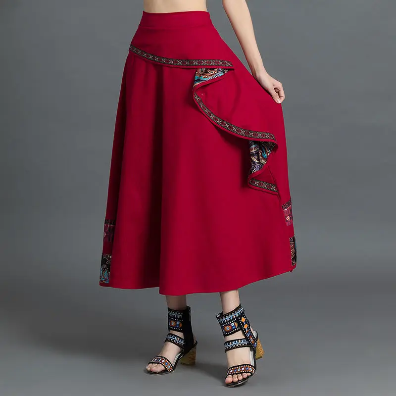 Chinesischen Stil Ethnische Vintage Frauen Lange Farbe Große Schaukel Röcke 2022 Neue Harajuku Asymmetrie Spleißen Faldas Jupe Longue Femme